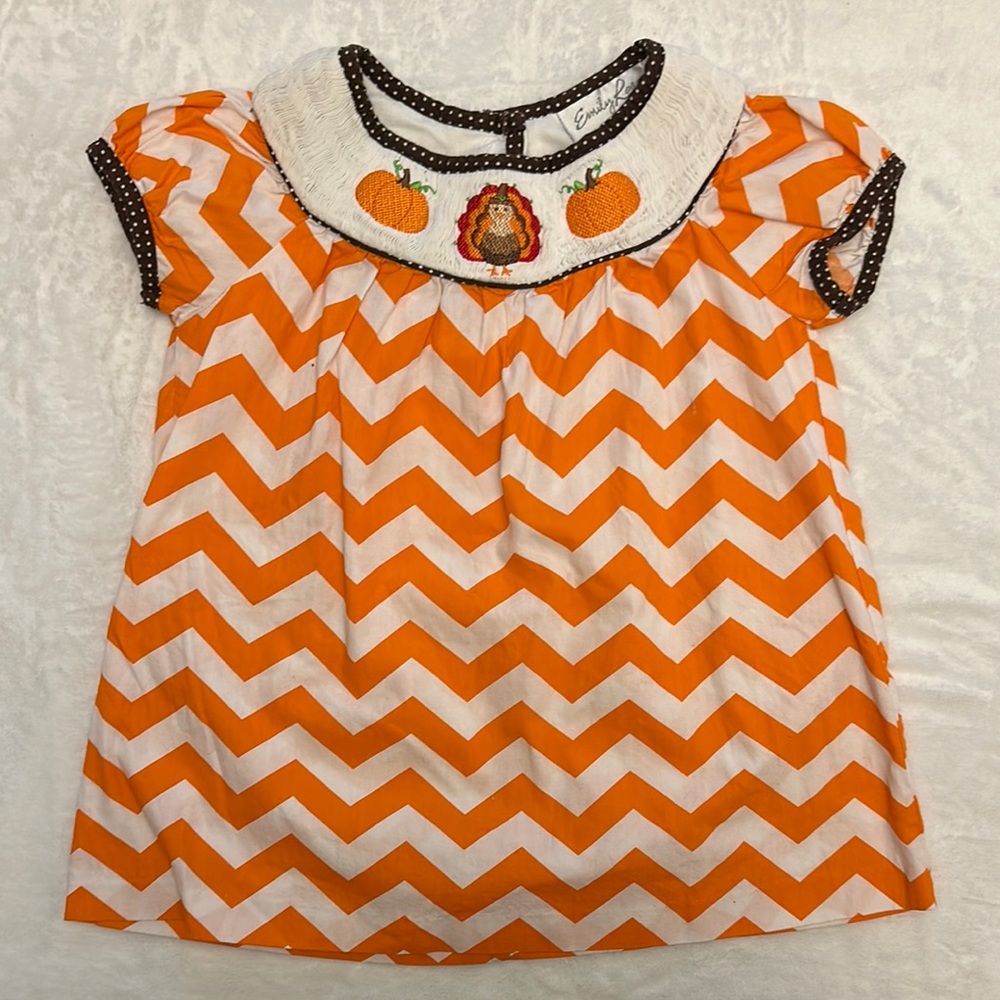 EUC Emily Rose smocked thanksgiving Orange Chevron top size 4 - Picture 1 of 3